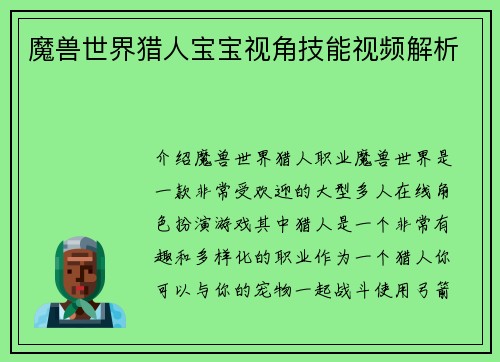 魔兽世界猎人宝宝视角技能视频解析